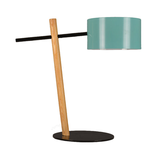 Drum Shape Plug-In Table Lamp Modernist Metallic 1 Light Blue and Wood Desk Lamp with Balance Arm Clearhalo 'Lamps' 'Table Lamps' Lighting' 762973