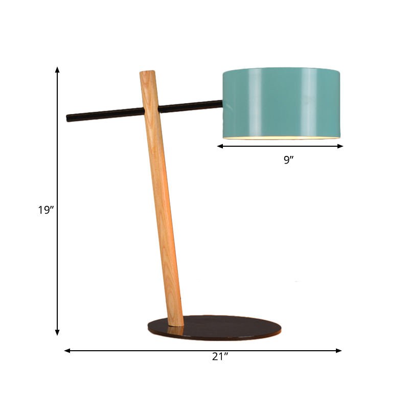 Drum Shape Plug-In Table Lamp Modernist Metallic 1 Light Blue and Wood Desk Lamp with Balance Arm Clearhalo 'Lamps' 'Table Lamps' Lighting' 762974