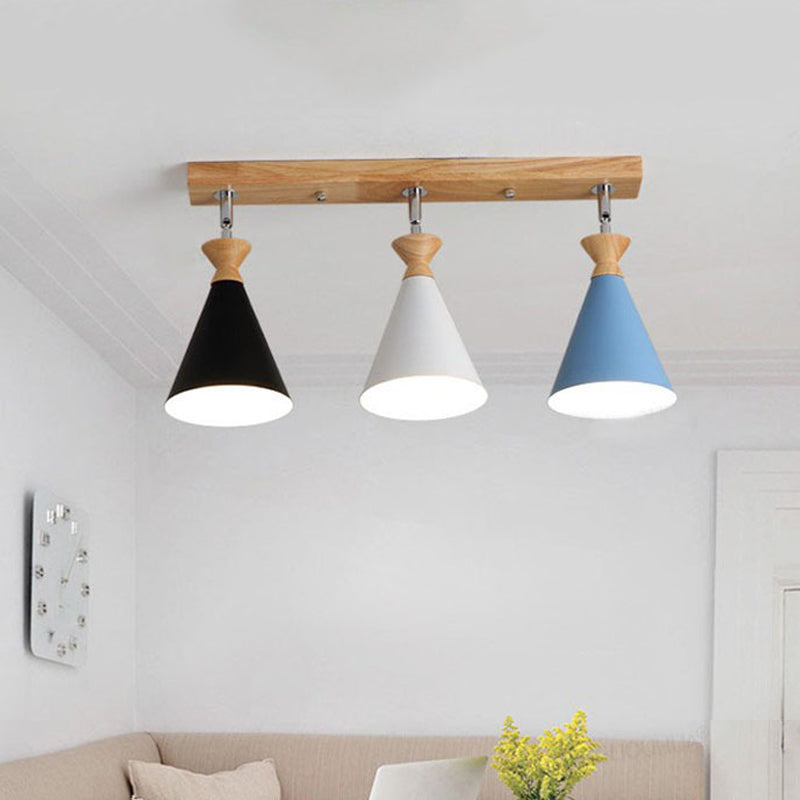 3 Heads Living Room Semi Flush Lamp Macaron Black-White-Blue and Wood Close to Ceiling Light with Conic Iron Shade Wood Clearhalo 'Ceiling Lights' 'Close To Ceiling Lights' 'Close to ceiling' 'Semi-flushmount' Lighting' 763055