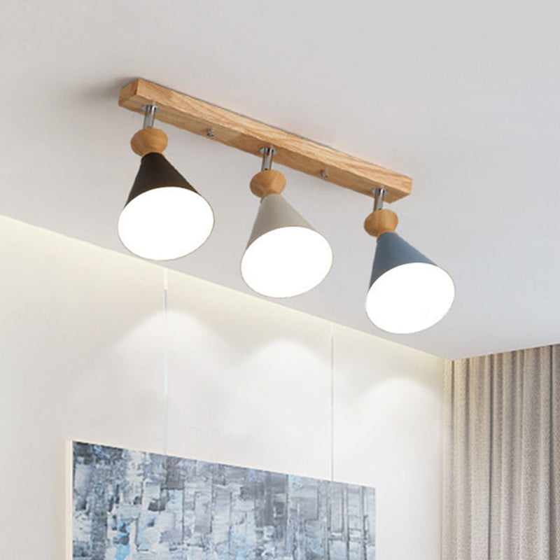 3 Heads Living Room Semi Flush Lamp Macaron Black-White-Blue and Wood Close to Ceiling Light with Conic Iron Shade Clearhalo 'Ceiling Lights' 'Close To Ceiling Lights' 'Close to ceiling' 'Semi-flushmount' Lighting' 763056