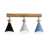 3 Heads Living Room Semi Flush Lamp Macaron Black-White-Blue and Wood Close to Ceiling Light with Conic Iron Shade Clearhalo 'Ceiling Lights' 'Close To Ceiling Lights' 'Close to ceiling' 'Semi-flushmount' Lighting' 763057