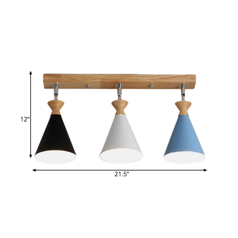 3 Heads Living Room Semi Flush Lamp Macaron Black-White-Blue and Wood Close to Ceiling Light with Conic Iron Shade Clearhalo 'Ceiling Lights' 'Close To Ceiling Lights' 'Close to ceiling' 'Semi-flushmount' Lighting' 763058