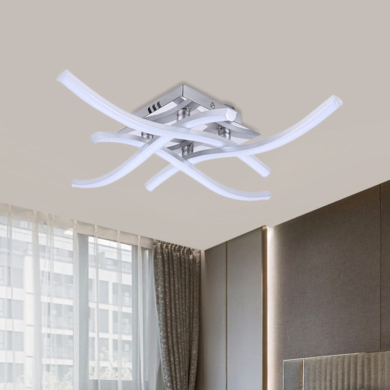 Silver Crossed Wave Semi Flush Modernist LED Metallic Ceiling Mounted Light in White/Warm Light Silver Clearhalo 'Ceiling Lights' 'Close To Ceiling Lights' 'Close to ceiling' 'Semi-flushmount' Lighting' 763059