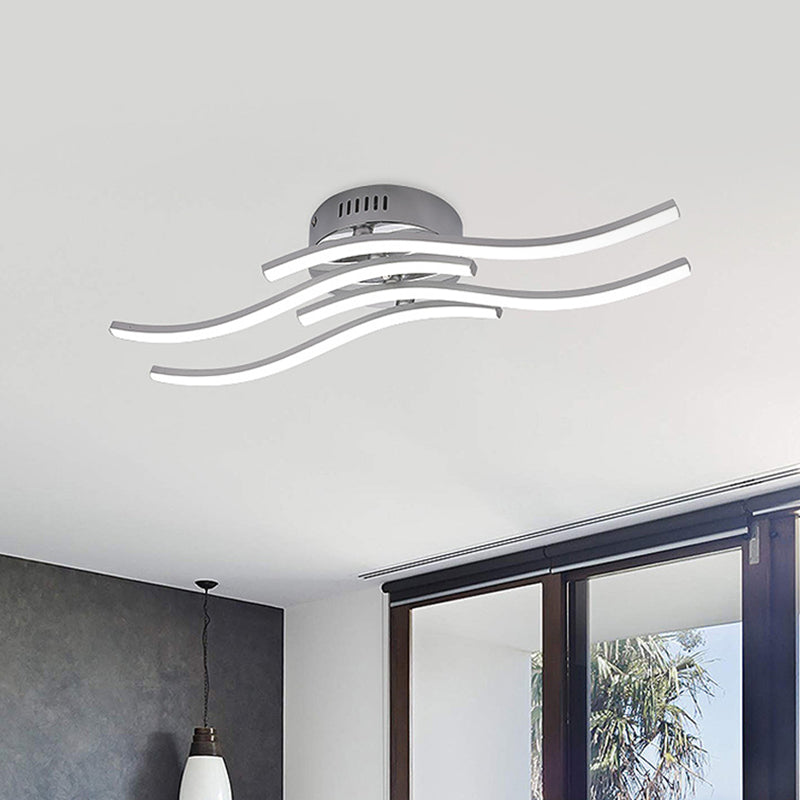 Nickel Finish 4-Wavy Linear Semi Flush Mount Simple LED Metal Ceiling Flush in Warm/White Light for Bedroom Nickel Clearhalo 'Ceiling Lights' 'Close To Ceiling Lights' 'Close to ceiling' 'Semi-flushmount' Lighting' 763075