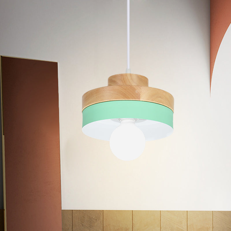 Macaron Circle/Square Down Lighting Metal 1-Light Living Room Hanging Ceiling Lamp in Orange/Purple/Yellow and Wood Green Clearhalo 'Ceiling Lights' 'Modern Pendants' 'Modern' 'Pendant Lights' 'Pendants' Lighting' 763120