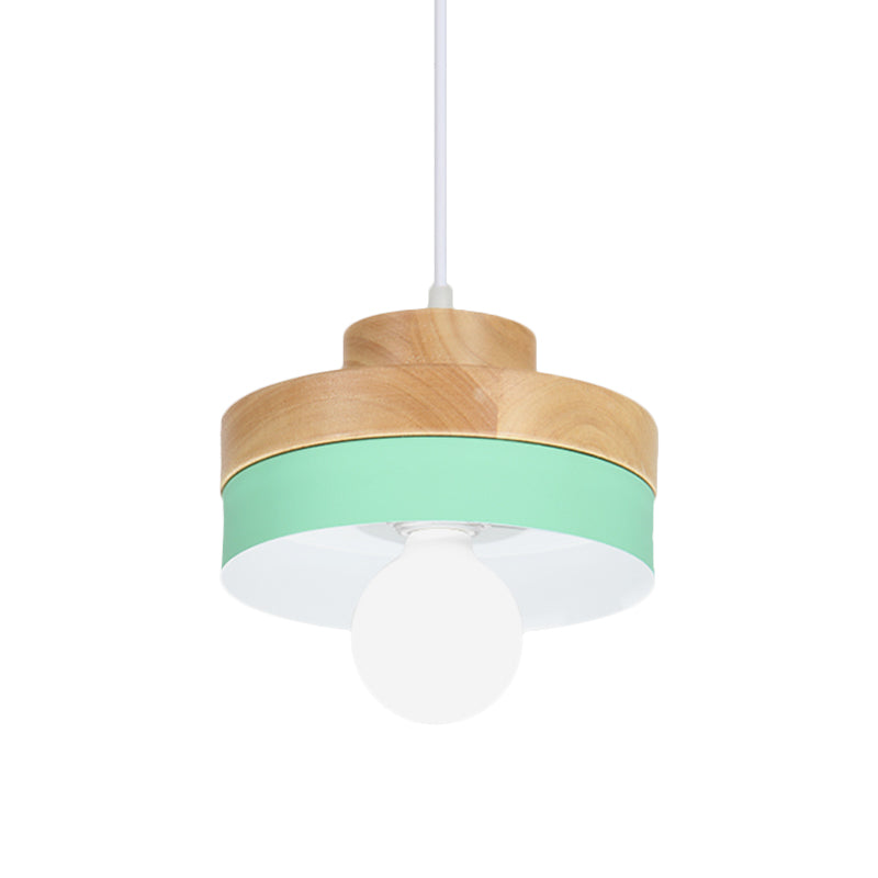 Macaron Circle/Square Down Lighting Metal 1-Light Living Room Hanging Ceiling Lamp in Orange/Purple/Yellow and Wood Clearhalo 'Ceiling Lights' 'Modern Pendants' 'Modern' 'Pendant Lights' 'Pendants' Lighting' 763122