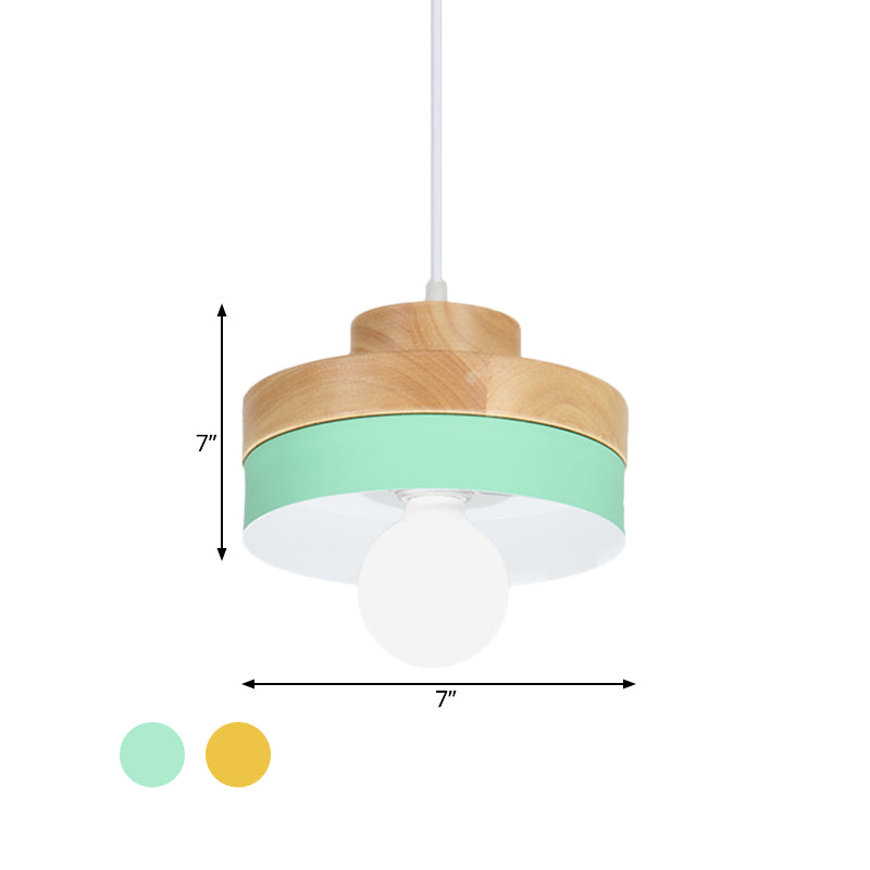 Macaron Circle/Square Down Lighting Metal 1-Light Living Room Hanging Ceiling Lamp in Orange/Purple/Yellow and Wood Clearhalo 'Ceiling Lights' 'Modern Pendants' 'Modern' 'Pendant Lights' 'Pendants' Lighting' 763123