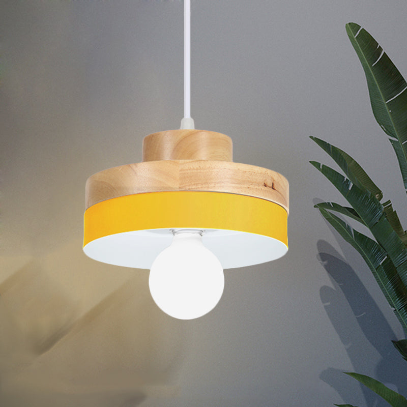 Macaron Circle/Square Down Lighting Metal 1-Light Living Room Hanging Ceiling Lamp in Orange/Purple/Yellow and Wood Yellow Clearhalo 'Ceiling Lights' 'Modern Pendants' 'Modern' 'Pendant Lights' 'Pendants' Lighting' 763124