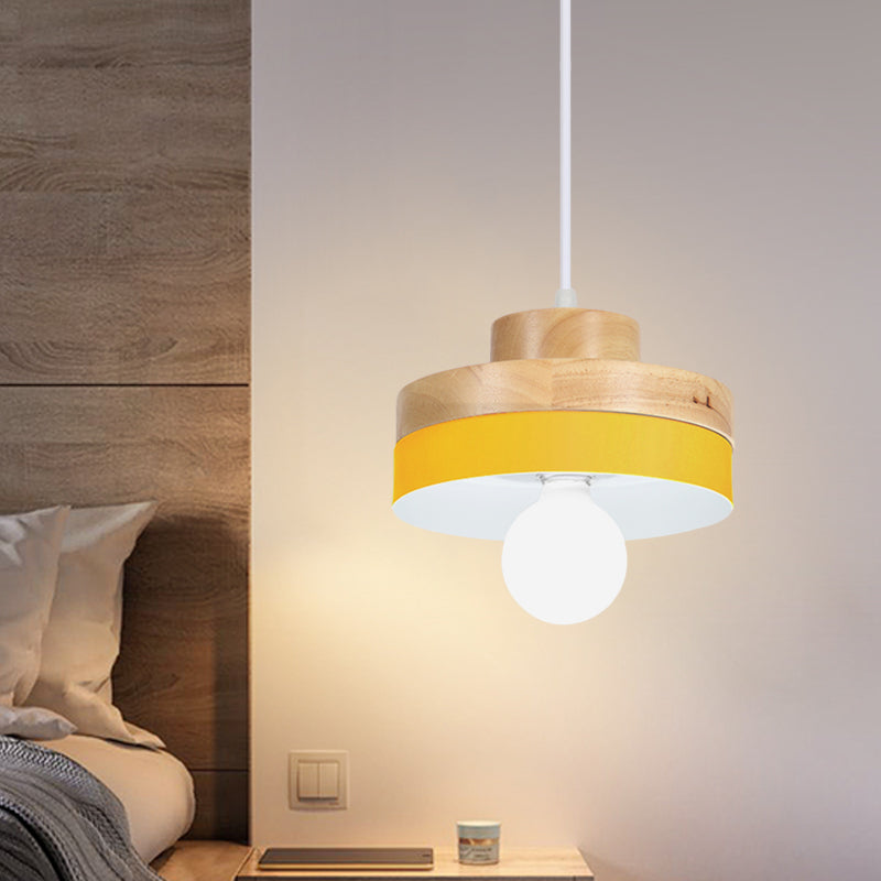 Macaron Circle/Square Down Lighting Metal 1-Light Living Room Hanging Ceiling Lamp in Orange/Purple/Yellow and Wood Clearhalo 'Ceiling Lights' 'Modern Pendants' 'Modern' 'Pendant Lights' 'Pendants' Lighting' 763125