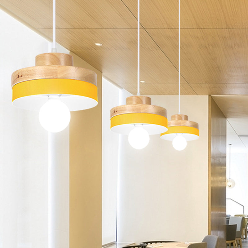 Macaron Circle/Square Down Lighting Metal 1-Light Living Room Hanging Ceiling Lamp in Orange/Purple/Yellow and Wood Clearhalo 'Ceiling Lights' 'Modern Pendants' 'Modern' 'Pendant Lights' 'Pendants' Lighting' 763126