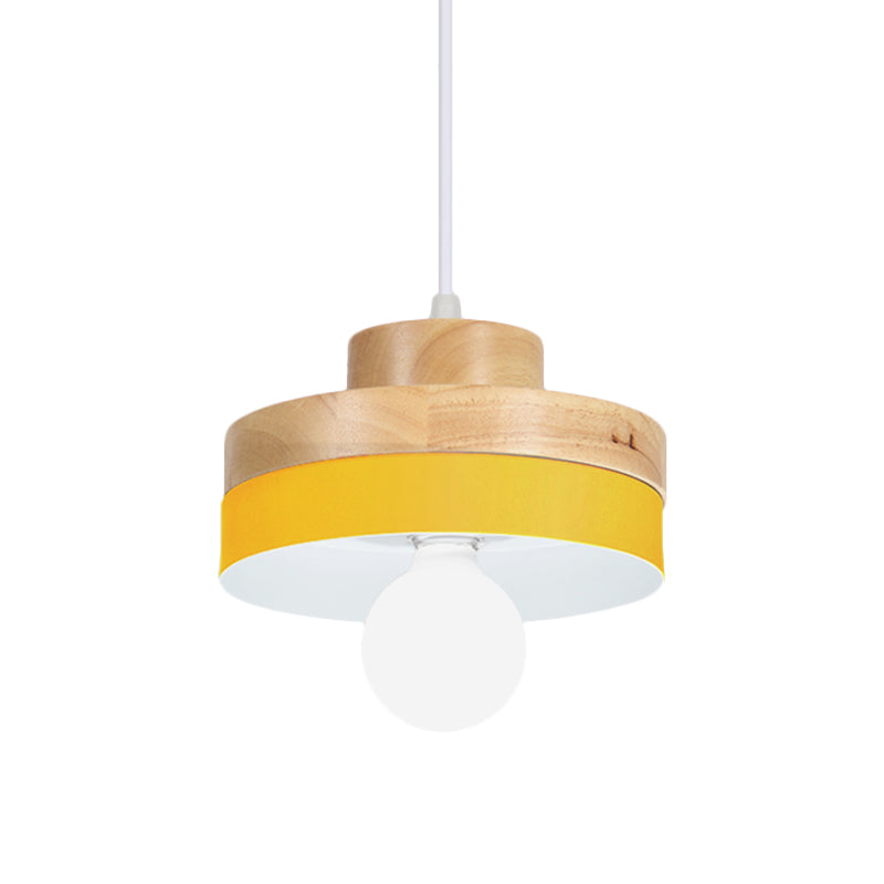 Macaron Circle/Square Down Lighting Metal 1-Light Living Room Hanging Ceiling Lamp in Orange/Purple/Yellow and Wood Clearhalo 'Ceiling Lights' 'Modern Pendants' 'Modern' 'Pendant Lights' 'Pendants' Lighting' 763127