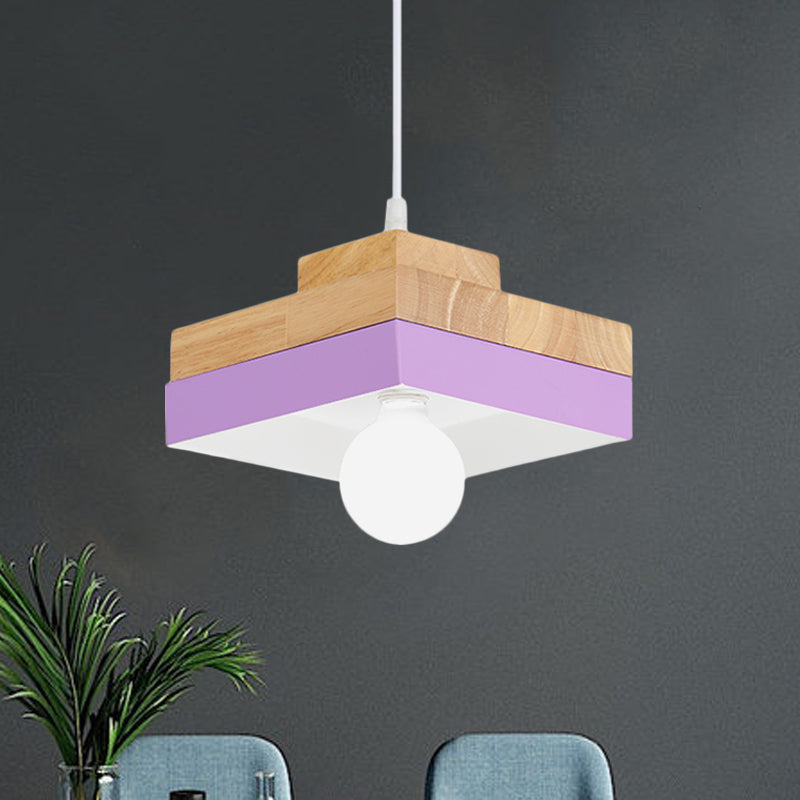 Macaron Circle/Square Down Lighting Metal 1-Light Living Room Hanging Ceiling Lamp in Orange/Purple/Yellow and Wood Purple Clearhalo 'Ceiling Lights' 'Modern Pendants' 'Modern' 'Pendant Lights' 'Pendants' Lighting' 763128