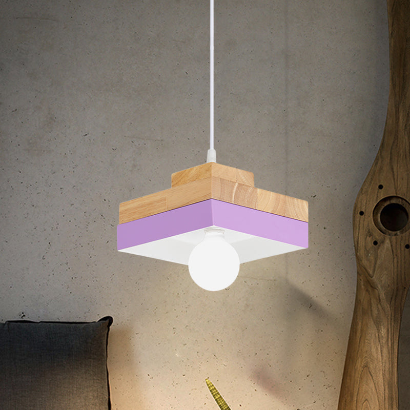 Macaron Circle/Square Down Lighting Metal 1-Light Living Room Hanging Ceiling Lamp in Orange/Purple/Yellow and Wood Clearhalo 'Ceiling Lights' 'Modern Pendants' 'Modern' 'Pendant Lights' 'Pendants' Lighting' 763129