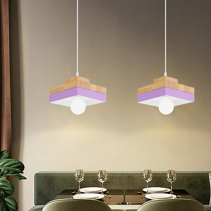 Macaron Circle/Square Down Lighting Metal 1-Light Living Room Hanging Ceiling Lamp in Orange/Purple/Yellow and Wood Clearhalo 'Ceiling Lights' 'Modern Pendants' 'Modern' 'Pendant Lights' 'Pendants' Lighting' 763130