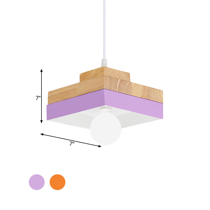 Macaron Circle/Square Down Lighting Metal 1-Light Living Room Hanging Ceiling Lamp in Orange/Purple/Yellow and Wood Clearhalo 'Ceiling Lights' 'Modern Pendants' 'Modern' 'Pendant Lights' 'Pendants' Lighting' 763132