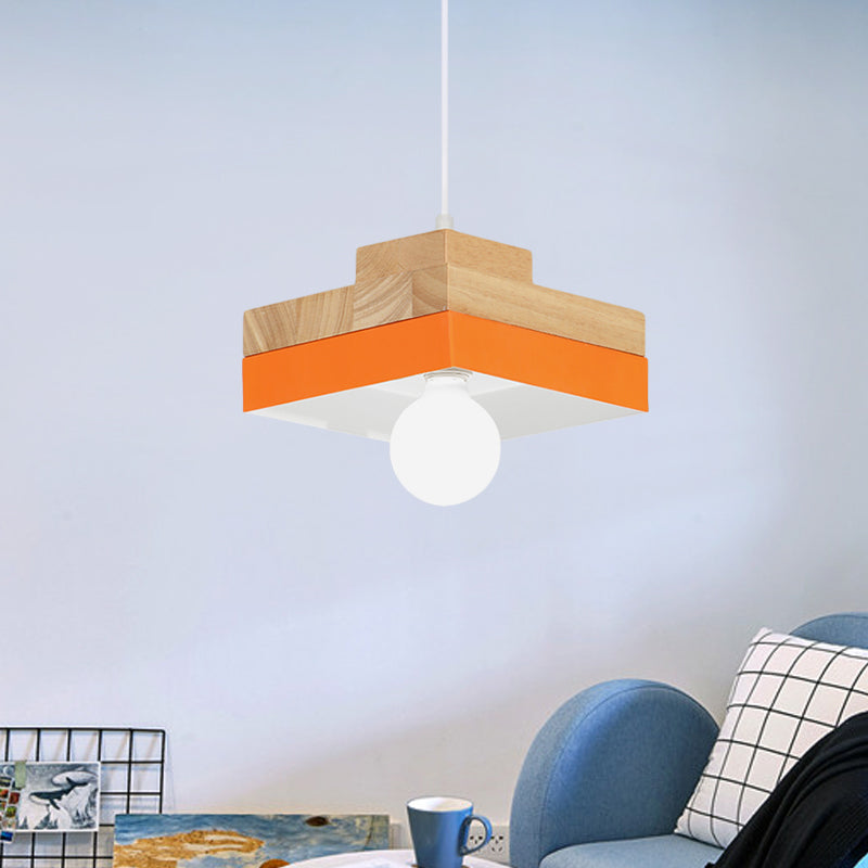 Macaron Circle/Square Down Lighting Metal 1-Light Living Room Hanging Ceiling Lamp in Orange/Purple/Yellow and Wood Clearhalo 'Ceiling Lights' 'Modern Pendants' 'Modern' 'Pendant Lights' 'Pendants' Lighting' 763134