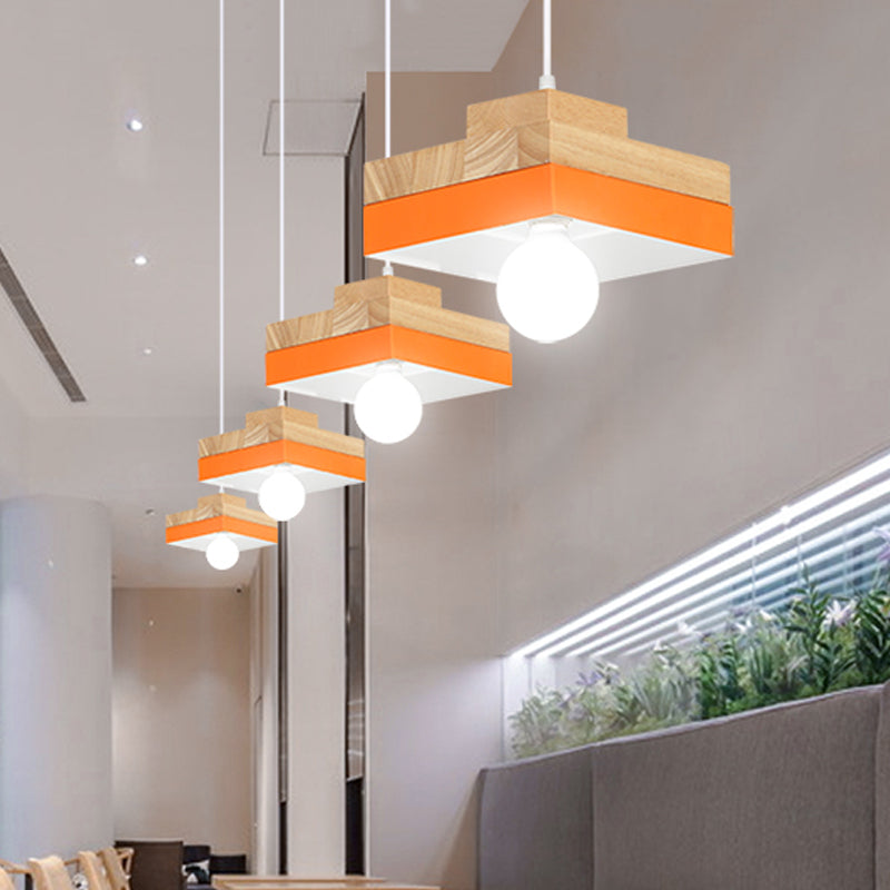 Macaron Circle/Square Down Lighting Metal 1-Light Living Room Hanging Ceiling Lamp in Orange/Purple/Yellow and Wood Clearhalo 'Ceiling Lights' 'Modern Pendants' 'Modern' 'Pendant Lights' 'Pendants' Lighting' 763135