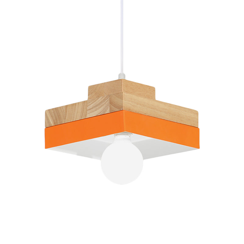 Macaron Circle/Square Down Lighting Metal 1-Light Living Room Hanging Ceiling Lamp in Orange/Purple/Yellow and Wood Clearhalo 'Ceiling Lights' 'Modern Pendants' 'Modern' 'Pendant Lights' 'Pendants' Lighting' 763136