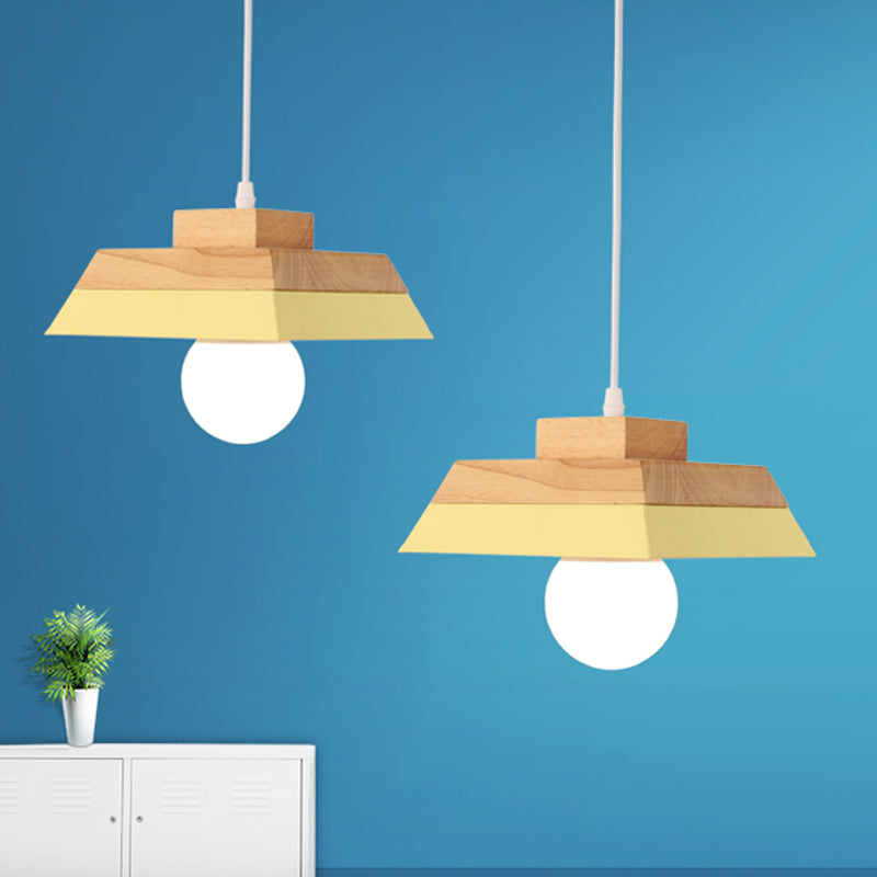 1-Bulb Living Room Suspension Light Modernism Yellow/Pink and Wood Hanging Lamp Kit with Geometric Metal Shade Yellow Clearhalo 'Ceiling Lights' 'Modern Pendants' 'Modern' 'Pendant Lights' 'Pendants' Lighting' 763141