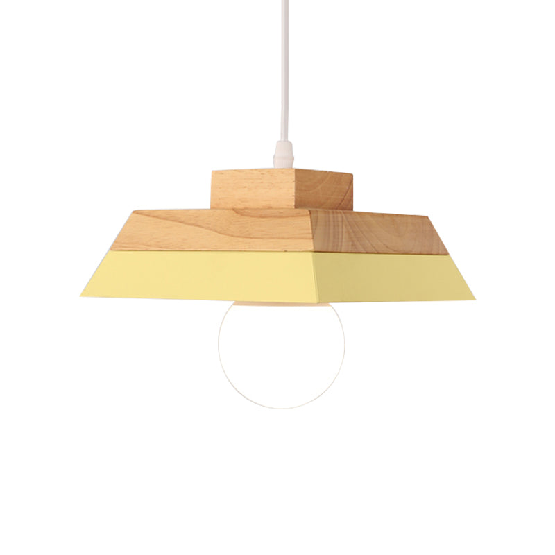 1-Bulb Living Room Suspension Light Modernism Yellow/Pink and Wood Hanging Lamp Kit with Geometric Metal Shade Clearhalo 'Ceiling Lights' 'Modern Pendants' 'Modern' 'Pendant Lights' 'Pendants' Lighting' 763143