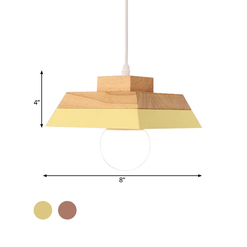 1-Bulb Living Room Suspension Light Modernism Yellow/Pink and Wood Hanging Lamp Kit with Geometric Metal Shade Clearhalo 'Ceiling Lights' 'Modern Pendants' 'Modern' 'Pendant Lights' 'Pendants' Lighting' 763144