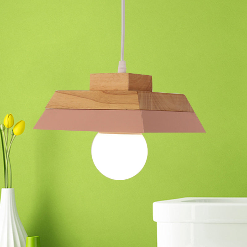 1-Bulb Living Room Suspension Light Modernism Yellow/Pink and Wood Hanging Lamp Kit with Geometric Metal Shade Pink Clearhalo 'Ceiling Lights' 'Modern Pendants' 'Modern' 'Pendant Lights' 'Pendants' Lighting' 763145