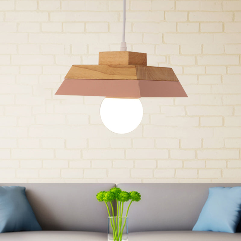 1-Bulb Living Room Suspension Light Modernism Yellow/Pink and Wood Hanging Lamp Kit with Geometric Metal Shade Clearhalo 'Ceiling Lights' 'Modern Pendants' 'Modern' 'Pendant Lights' 'Pendants' Lighting' 763146