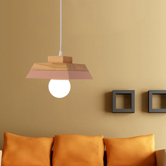 1-Bulb Living Room Suspension Light Modernism Yellow/Pink and Wood Hanging Lamp Kit with Geometric Metal Shade Clearhalo 'Ceiling Lights' 'Modern Pendants' 'Modern' 'Pendant Lights' 'Pendants' Lighting' 763147