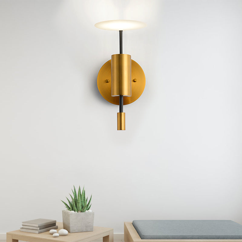 Brass Tube Wall Mounted Light Postmodern 1-Bulb Metal LED Sconce Lamp with Disk Top Brass Clearhalo 'Cast Iron' 'Glass' 'Industrial' 'Modern wall lights' 'Modern' 'Tiffany' 'Traditional wall lights' 'Wall Lamps & Sconces' 'Wall Lights' Lighting' 763201