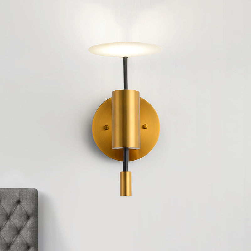 Brass Tube Wall Mounted Light Postmodern 1-Bulb Metal LED Sconce Lamp with Disk Top Clearhalo 'Cast Iron' 'Glass' 'Industrial' 'Modern wall lights' 'Modern' 'Tiffany' 'Traditional wall lights' 'Wall Lamps & Sconces' 'Wall Lights' Lighting' 763202