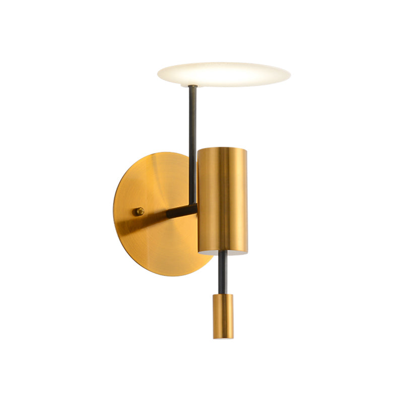 Brass Tube Wall Mounted Light Postmodern 1-Bulb Metal LED Sconce Lamp with Disk Top Clearhalo 'Cast Iron' 'Glass' 'Industrial' 'Modern wall lights' 'Modern' 'Tiffany' 'Traditional wall lights' 'Wall Lamps & Sconces' 'Wall Lights' Lighting' 763203