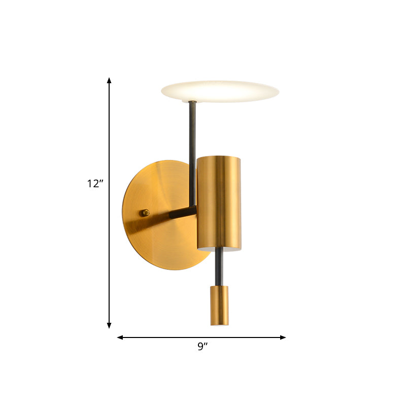 Brass Tube Wall Mounted Light Postmodern 1-Bulb Metal LED Sconce Lamp with Disk Top Clearhalo 'Cast Iron' 'Glass' 'Industrial' 'Modern wall lights' 'Modern' 'Tiffany' 'Traditional wall lights' 'Wall Lamps & Sconces' 'Wall Lights' Lighting' 763204