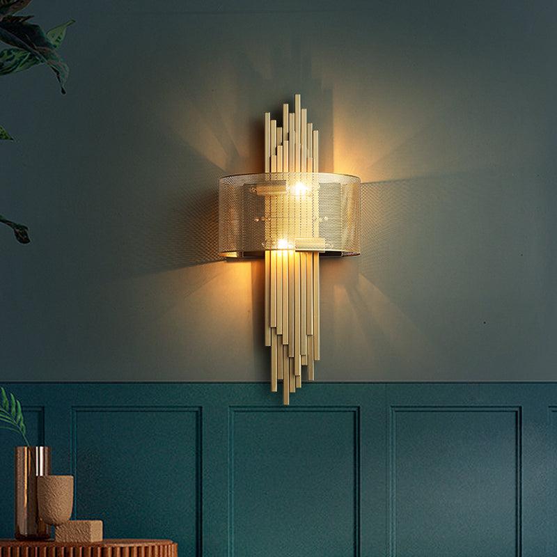 Linear Metal Sconce Lamp Post Modern 2-Head Gold Finish Wall Lamp Fixture with Drum Mesh Shade Gold Clearhalo 'Cast Iron' 'Glass' 'Industrial' 'Modern wall lights' 'Modern' 'Tiffany' 'Traditional wall lights' 'Wall Lamps & Sconces' 'Wall Lights' Lighting' 763205