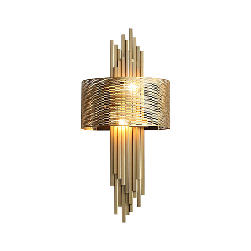 Linear Metal Sconce Lamp Post Modern 2-Head Gold Finish Wall Lamp Fixture with Drum Mesh Shade Clearhalo 'Cast Iron' 'Glass' 'Industrial' 'Modern wall lights' 'Modern' 'Tiffany' 'Traditional wall lights' 'Wall Lamps & Sconces' 'Wall Lights' Lighting' 763207