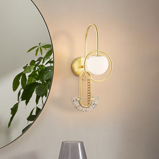 Opal Glass Ball Wall Sconce Lighting Designer 1-Light Gold/Black Finish Wall Mount Lamp with Ring Gold Clearhalo 'Cast Iron' 'Glass' 'Industrial' 'Modern wall lights' 'Modern' 'Tiffany' 'Traditional wall lights' 'Wall Lamps & Sconces' 'Wall Lights' Lighting' 763213