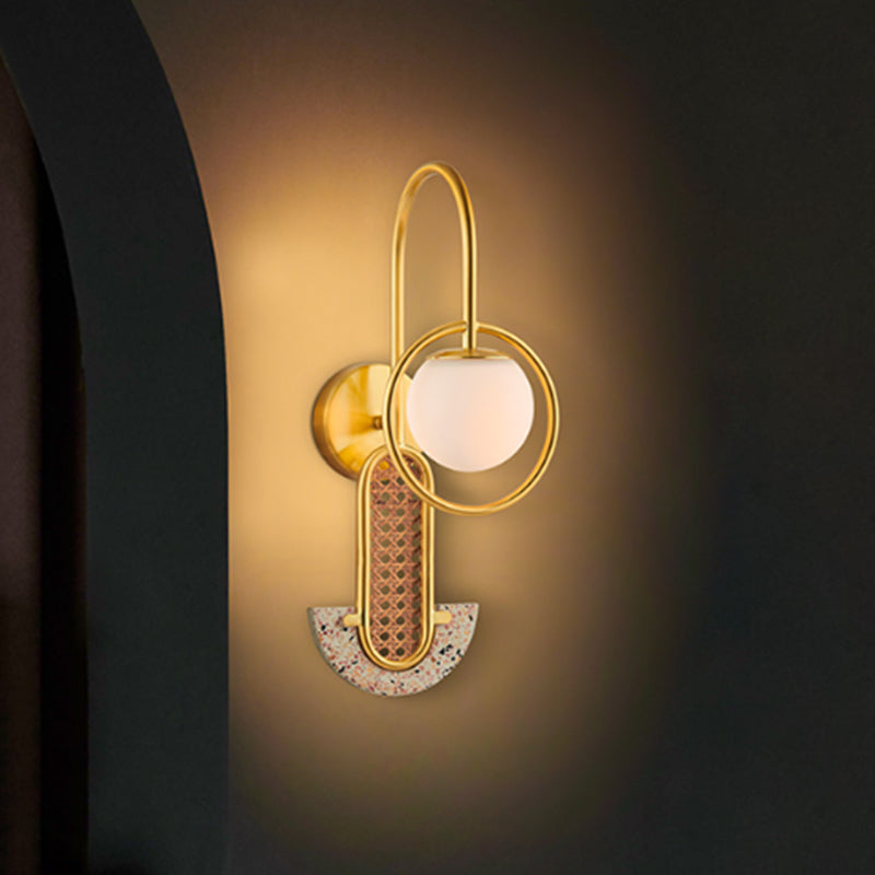 Opal Glass Ball Wall Sconce Lighting Designer 1-Light Gold/Black Finish Wall Mount Lamp with Ring Clearhalo 'Cast Iron' 'Glass' 'Industrial' 'Modern wall lights' 'Modern' 'Tiffany' 'Traditional wall lights' 'Wall Lamps & Sconces' 'Wall Lights' Lighting' 763215