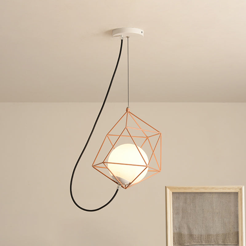 Wire Cage Iron Ceiling Hang Fixture Macaron 1 Head White/Orange/Green Finish Pendulum Light over Table Clearhalo 'Ceiling Lights' 'Modern Pendants' 'Modern' 'Pendant Lights' 'Pendants' Lighting' 763286