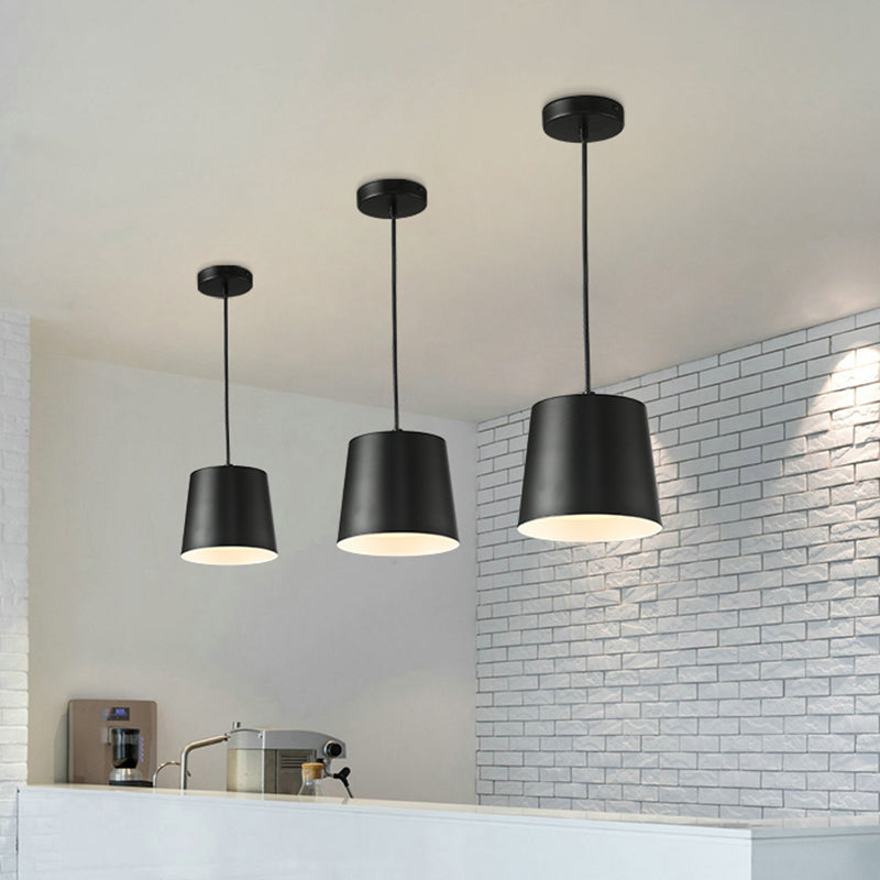 Barrel Iron Down Lighting Modernist LED Black Hanging Ceiling Lamp for Restaurant with Acrylic Diffuser Black Clearhalo 'Ceiling Lights' 'Modern Pendants' 'Modern' 'Pendant Lights' 'Pendants' Lighting' 763318