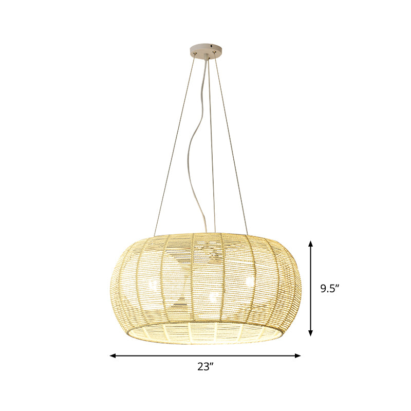 Bamboo Rattan Drum Pendant Chandelier Asian 3 Lights Hanging Ceiling Lamp in Beige for Restaurant Clearhalo 'Ceiling Lights' 'Chandeliers' Lighting' options 763366