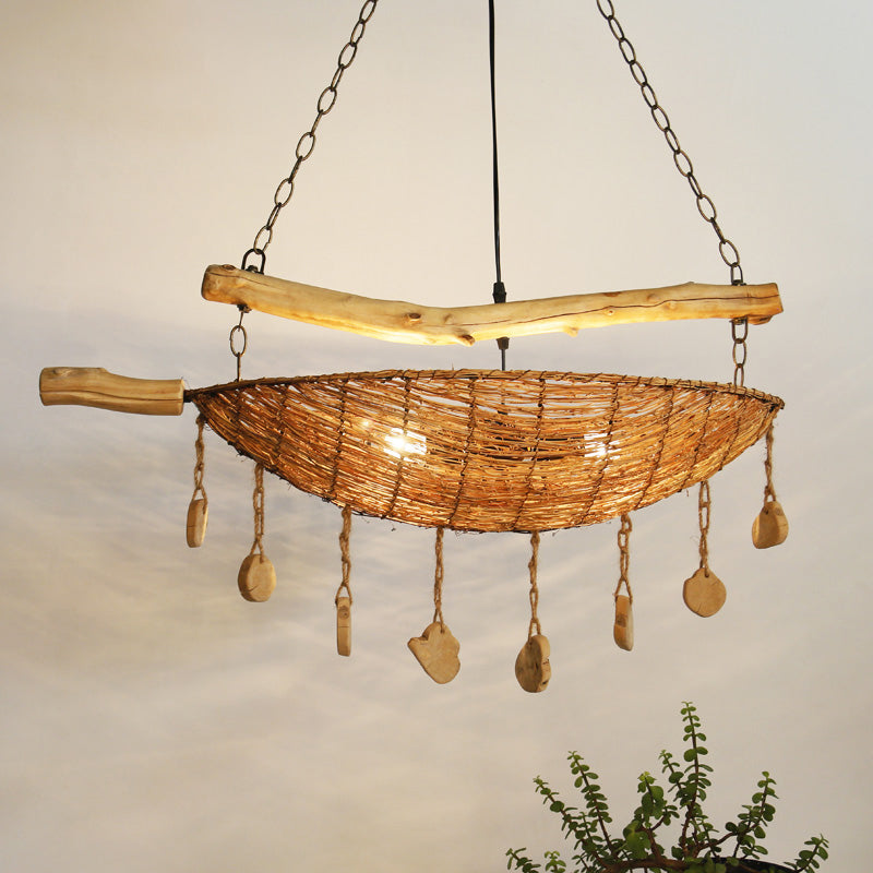 Asian Boat Shape Ceiling Chandelier Bamboo Rattan 2 Heads Restaurant Suspension Lamp in Flaxen with Wood Accent Clearhalo 'Ceiling Lights' 'Chandeliers' Lighting' options 763367