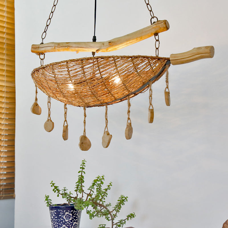 Asian Boat Shape Ceiling Chandelier Bamboo Rattan 2 Heads Restaurant Suspension Lamp in Flaxen with Wood Accent Clearhalo 'Ceiling Lights' 'Chandeliers' Lighting' options 763368