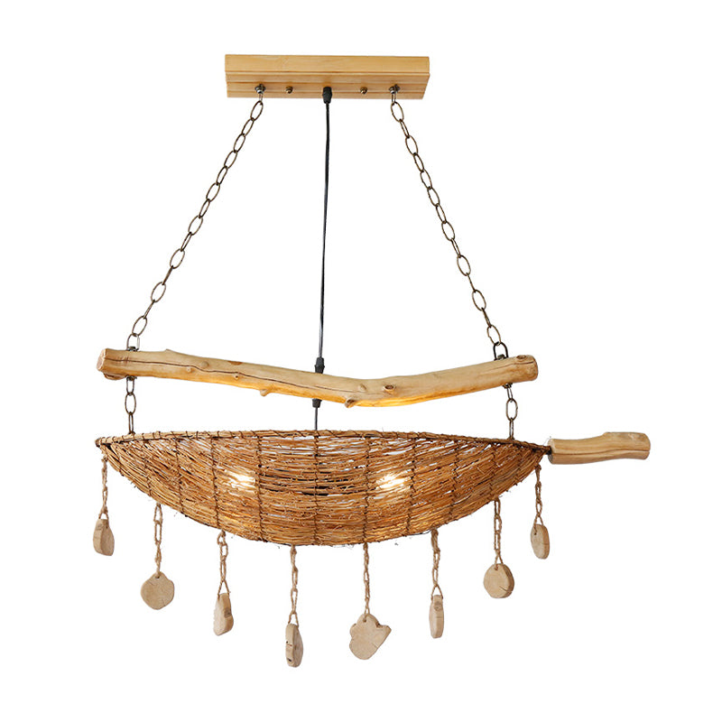 Asian Boat Shape Ceiling Chandelier Bamboo Rattan 2 Heads Restaurant Suspension Lamp in Flaxen with Wood Accent Clearhalo 'Ceiling Lights' 'Chandeliers' Lighting' options 763369