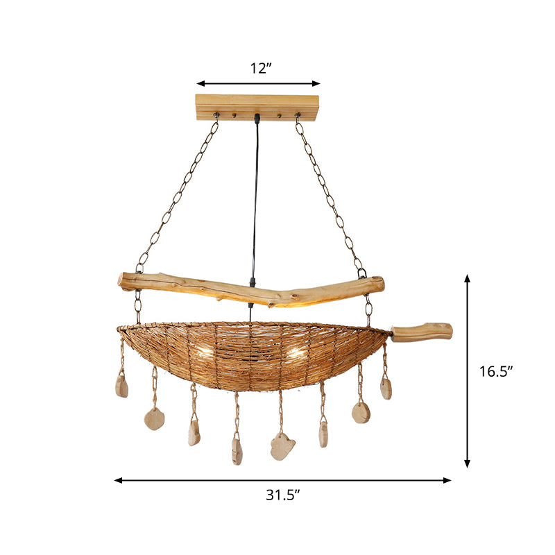 Asian Boat Shape Ceiling Chandelier Bamboo Rattan 2 Heads Restaurant Suspension Lamp in Flaxen with Wood Accent Clearhalo 'Ceiling Lights' 'Chandeliers' Lighting' options 763370