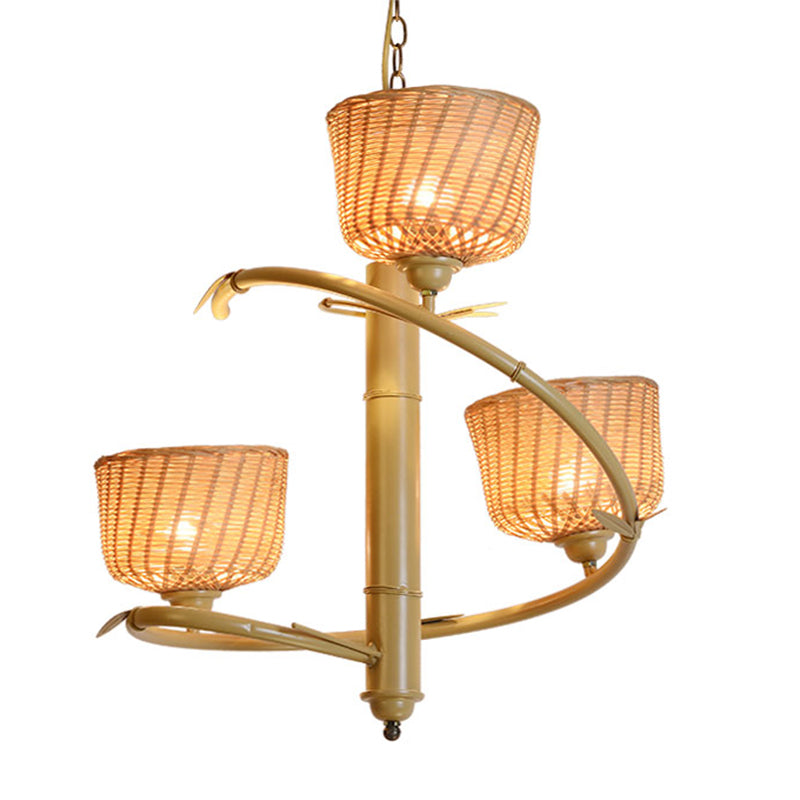 Spiral Bamboo Hanging Chandelier Asian 3 Bulbs Beige Up Ceiling Pendant Light with Bowl Rattan Shade Clearhalo 'Ceiling Lights' 'Chandeliers' Lighting' options 763373