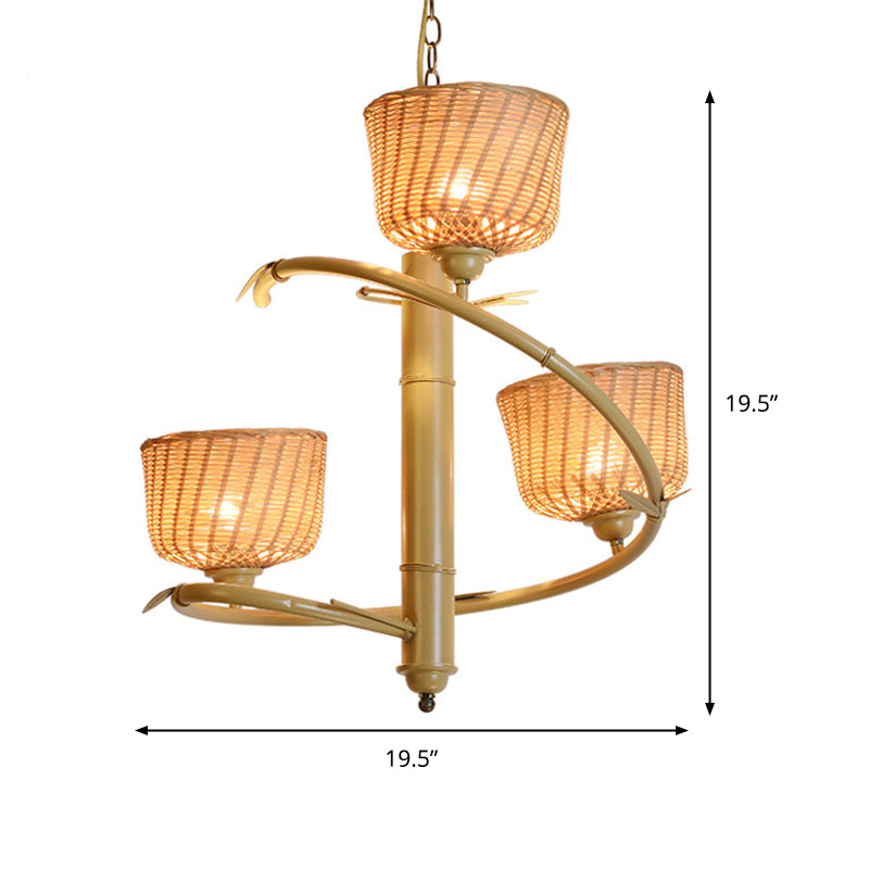 Spiral Bamboo Hanging Chandelier Asian 3 Bulbs Beige Up Ceiling Pendant Light with Bowl Rattan Shade Clearhalo 'Ceiling Lights' 'Chandeliers' Lighting' options 763374