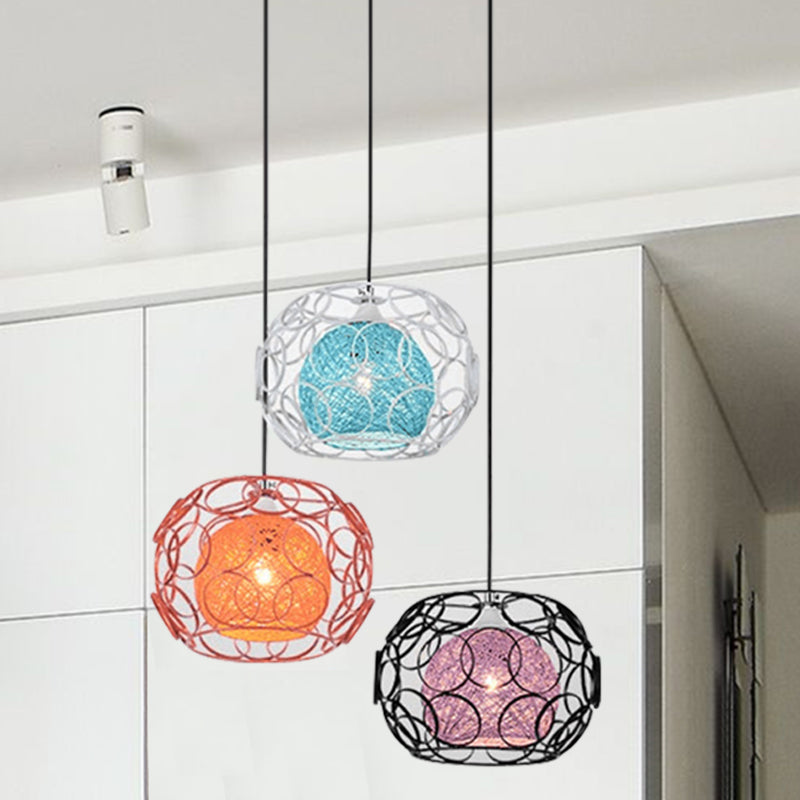 Colorful Rattan Globe Multi Ceiling Light Modern Asia 3-Light Hanging Pendant with Black Round Canopy Black Clearhalo 'Ceiling Lights' 'Pendant Lights' 'Pendants' Lighting' 763375_6511777d-9212-4981-a078-d270ef1a23b0