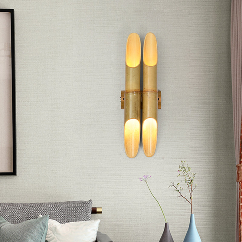 4 Lights Tea Room Wall Sconce Lighting Asian Beige Up-Down Wall Lamp with Dual Bar Bamboo Shade Beige Clearhalo 'Wall Lamps & Sconces' 'Wall Lights' Lighting' 763399