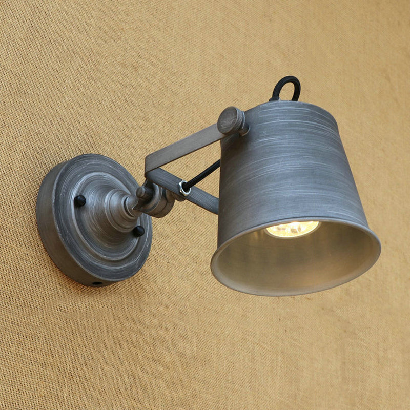 Antique Style Bucket Wall Light Sconce 1 Light Iron Adjustable Wall Mounted Lamp in Black/Grey for Outdoor Grey Clearhalo 'Art deco wall lights' 'Cast Iron' 'Glass' 'Industrial wall lights' 'Industrial' 'Middle century wall lights' 'Modern' 'Rustic wall lights' 'Tiffany' 'Traditional wall lights' 'Wall Lamps & Sconces' 'Wall Lights' Lighting' 763408