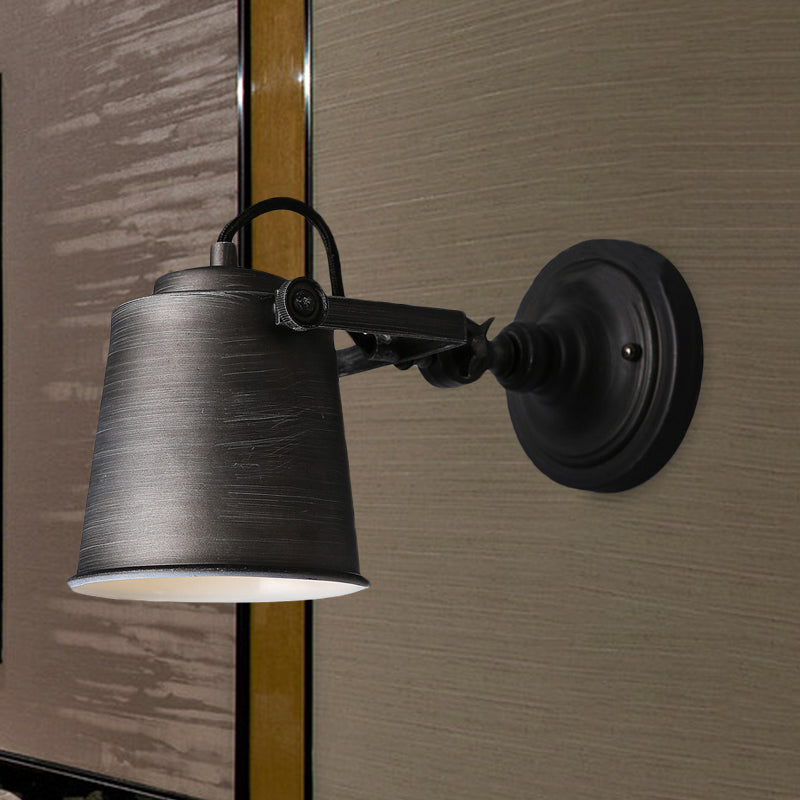 Antique Style Bucket Wall Light Sconce 1 Light Iron Adjustable Wall Mounted Lamp in Black/Grey for Outdoor Clearhalo 'Art deco wall lights' 'Cast Iron' 'Glass' 'Industrial wall lights' 'Industrial' 'Middle century wall lights' 'Modern' 'Rustic wall lights' 'Tiffany' 'Traditional wall lights' 'Wall Lamps & Sconces' 'Wall Lights' Lighting' 763418