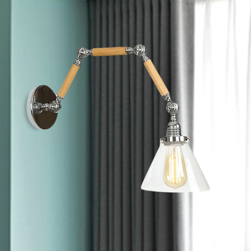 Industrial Cone Wall Lighting Fixture 1 Bulb Clear Glass Sconce Light in Chrome for Living Room Chrome Clearhalo 'Art deco wall lights' 'Cast Iron' 'Glass' 'Industrial wall lights' 'Industrial' 'Middle century wall lights' 'Modern' 'Rustic wall lights' 'Tiffany' 'Traditional wall lights' 'Wall Lamps & Sconces' 'Wall Lights' Lighting' 763695